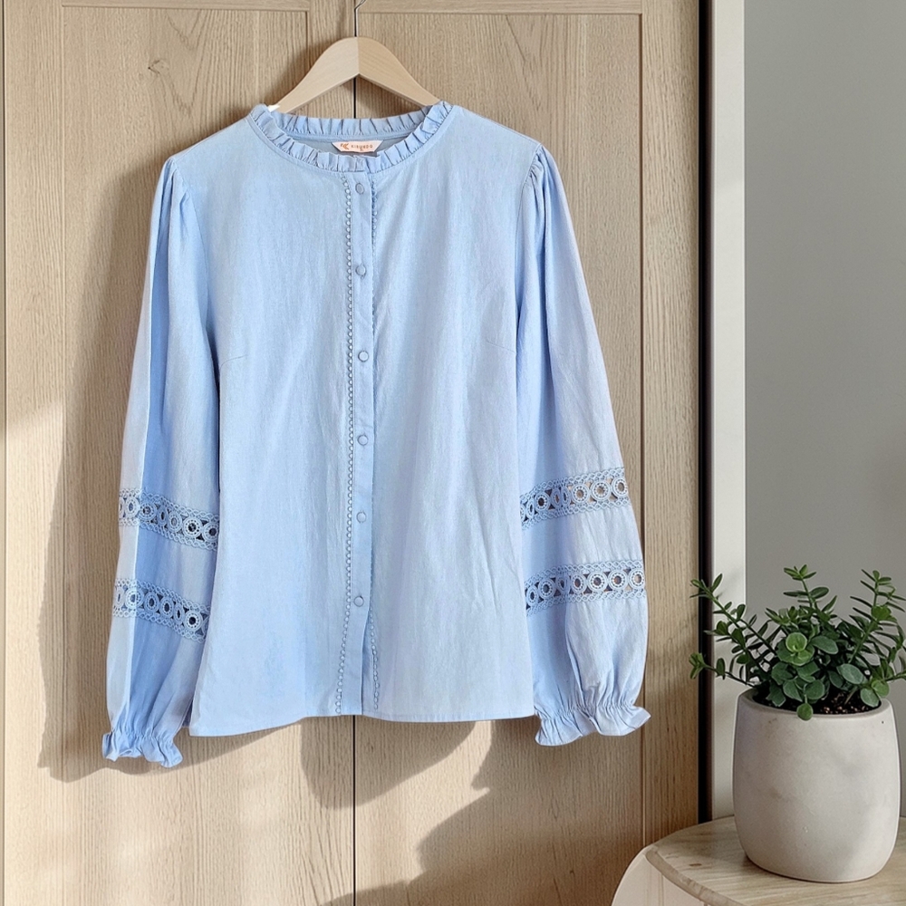 Kirundo Pale Blue blouse lace trim ruffle  button-up Sz XL Cottagecore Feminine